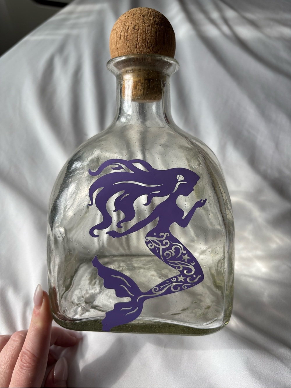 Clear Glass Decanter with Purple Mermaid Graphic and Cork Stopper